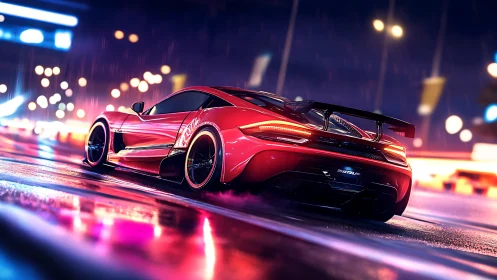 Red supercar drifts through neon city streets in rain-soaked night.