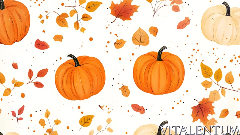 Cheerful pumpkins and autumn leaves dance across white