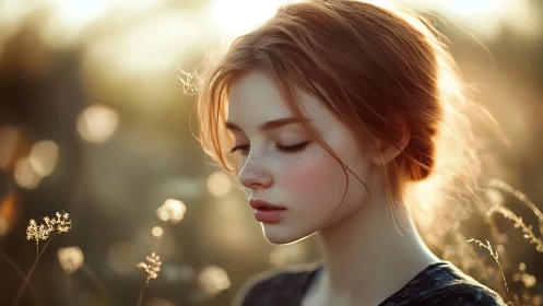 Gentle sunset portrait of a freckled girl in quiet thought.