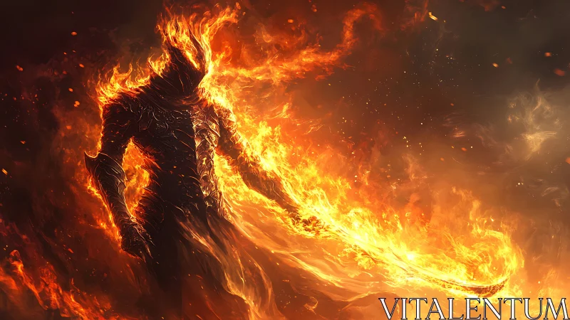 Flaming warrior strides through swirling inferno with blazing blade