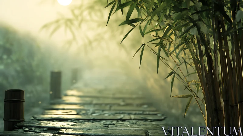Sunlit bamboo path unfolds through tranquil morning mist.