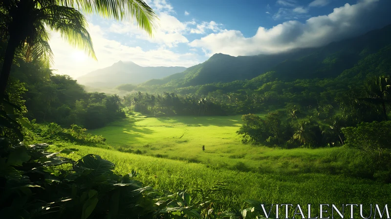 Sunlit tropical valley with distant mountains and palms.
