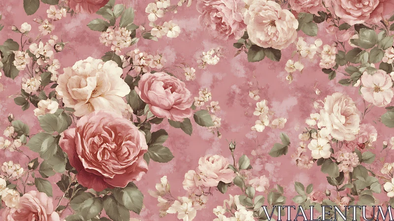 Vintage rose wallpaper pattern on dusty pink background.