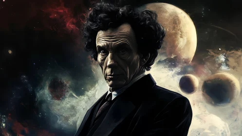 Astral theoretician portrait amid multi-planetary nebula field.