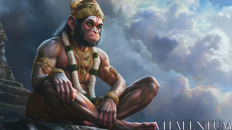 Divine monkey warrior sits poised before storm clouds