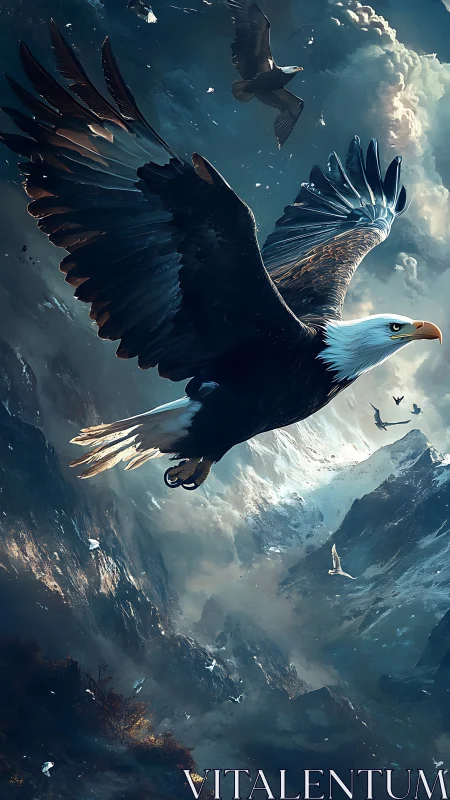 Eagle rides storm winds above dramatic alpine cliffs.
