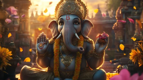 Digital render depicts seated Ganesha statue in temple courtyard