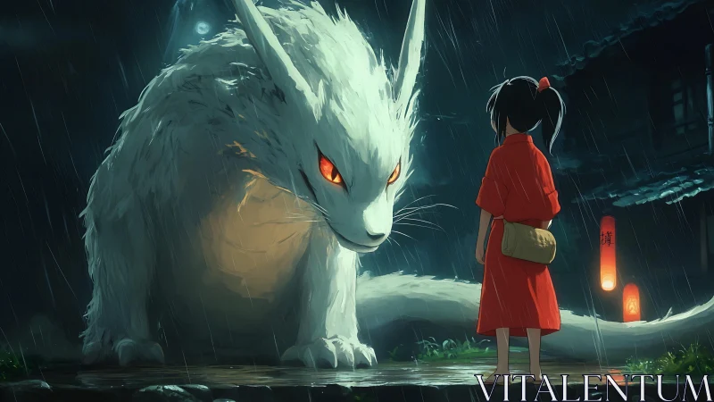 Rain-soaked girl confronts glowing-eyed spirit beast in alley