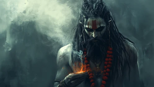 Ascetic firekeeper holds burning offering in rising smoke