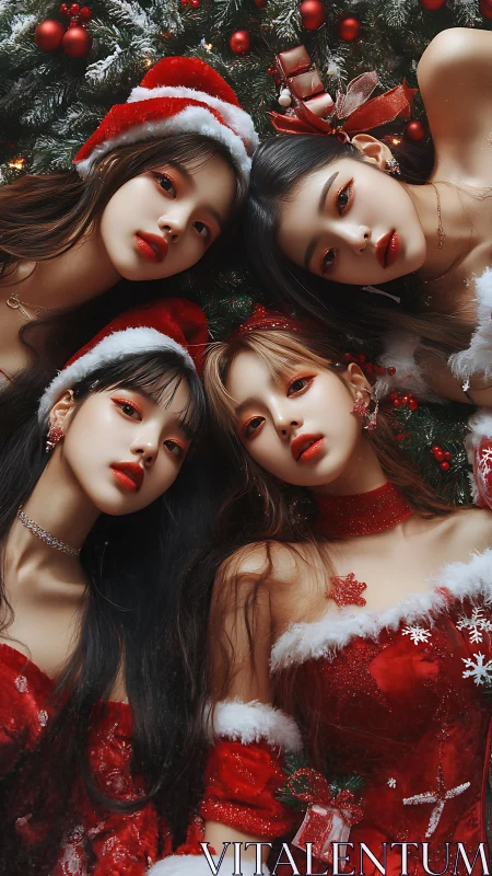 Four women in red Christmas outfits under decorated tree.