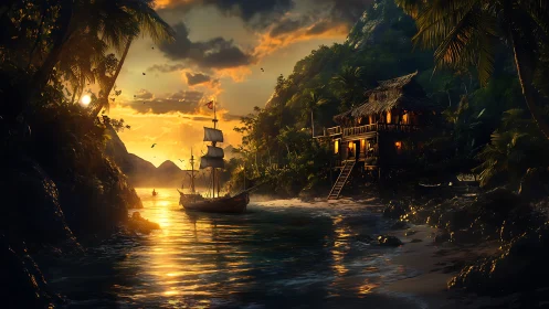 Pirate Ship in Tropical Cove at Golden Sunset.