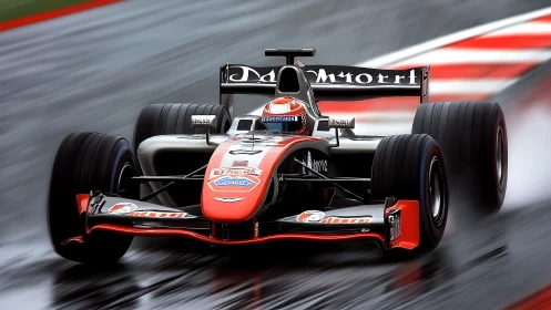 Photorealistic Formula racing car on wet circuit track.