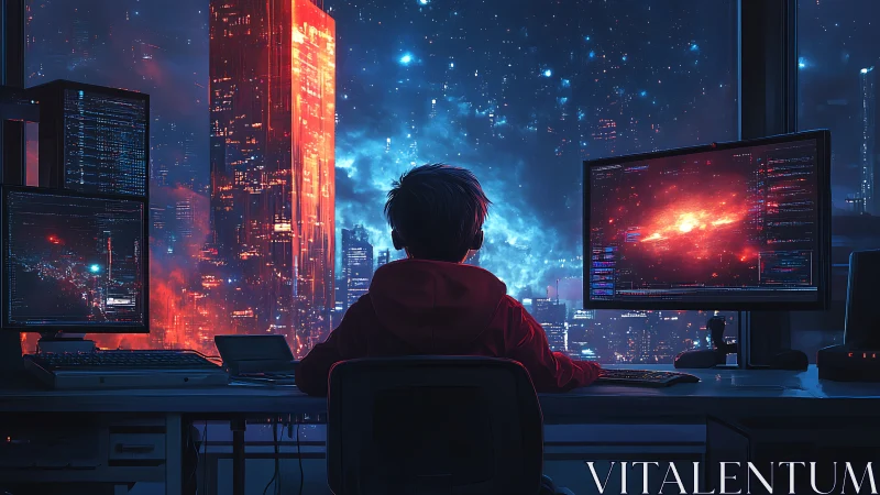 Solitary coder overlooking neon city and cosmic skyline.