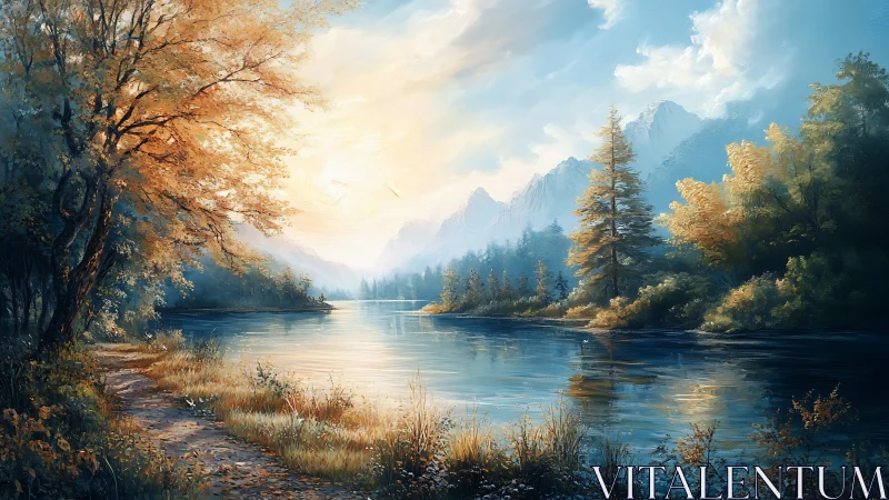 Autumn mountain lake at sunrise with painterly soft lighting.