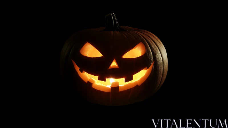 Carved jack o lantern pumpkin glowing in dark background.