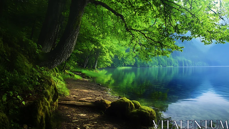 Lush forest shoreline meets tranquil blue lake in sunlight.