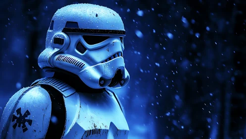 Armored sci-fi soldier in snowy, blue-toned environment.