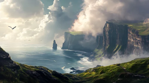 Atmospheric Coastal Cliffs with Volumetric Cloud Rendering and Basalt Columnar Formations
