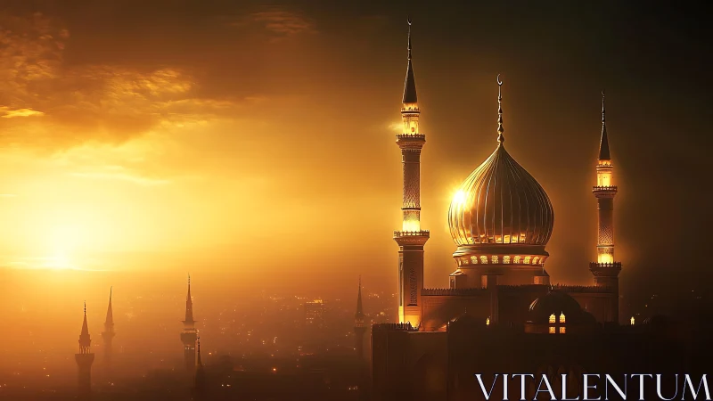 Golden domed mosque at sunset with atmospheric lighting.