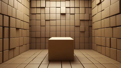 Geometric cube room glows with warm minimalist light