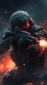 Tactical operator firing carbine amid dynamic muzzle flash