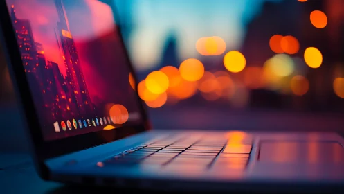 Sleek laptop in neon city bokeh at twilight glow.