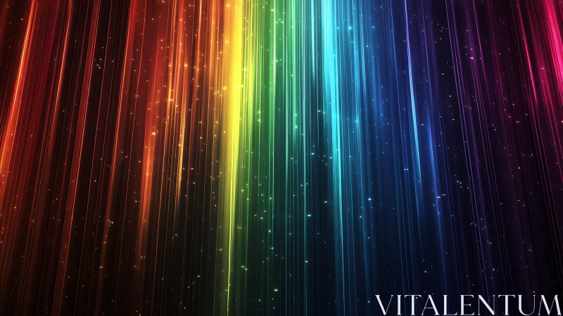 Vibrant vertical rainbow light beams with glowing particles, digital art.