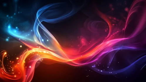 Colorful light streaks curve across dark digital background