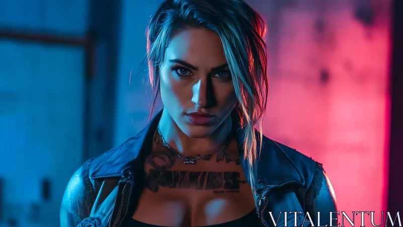 Tattooed woman in leather jacket under blue and pink lighting.