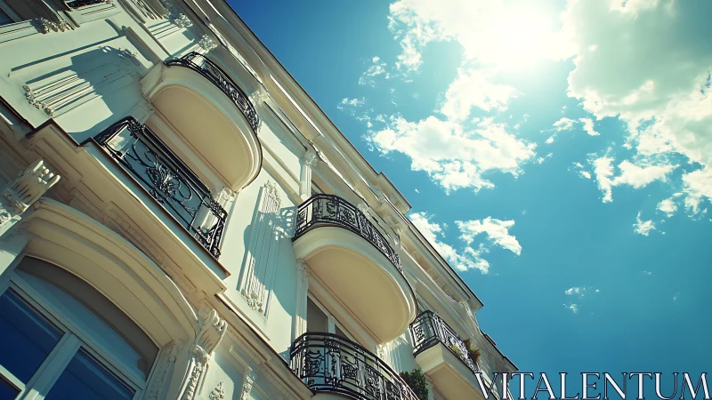Elegant white building facade with balconies under bright sky.