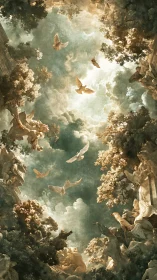 Vertical celestial scene with sculptures, trees and doves.