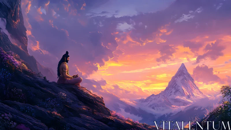 Meditating sage on twilight ridge facing luminous peak.
