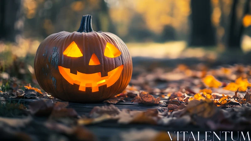 Carved jack-o-lantern on outdoor path amid autumn leaves.