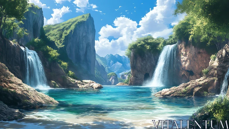 Twin cascade lagoon with limestone cliffs under midday sun