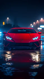 Red sports car stands on wet city street at night