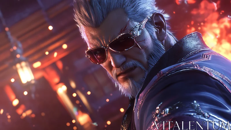 Silver‑haired brawler in ember-lit cyber shades stares down.