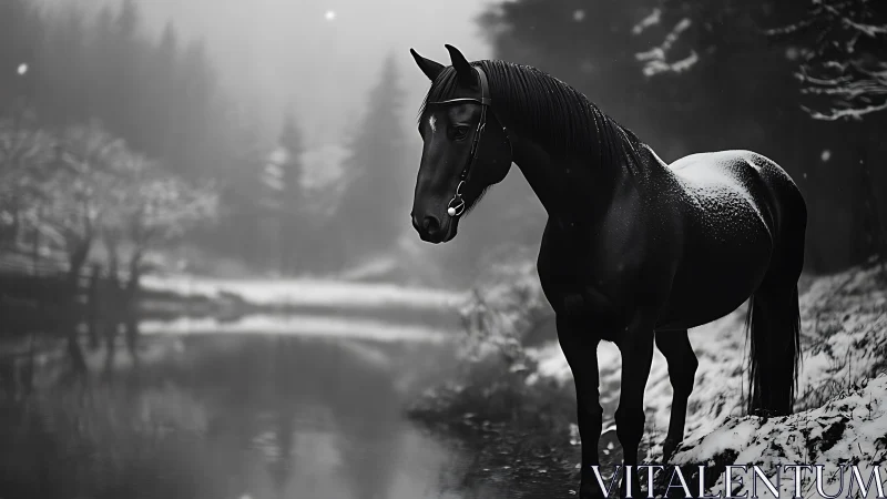 Midnight stallion pauses by a winter river in drifting snow.