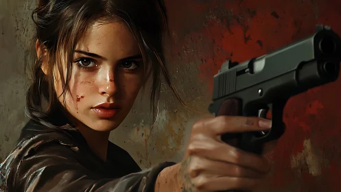 Determined young woman aiming pistol with fierce focus.