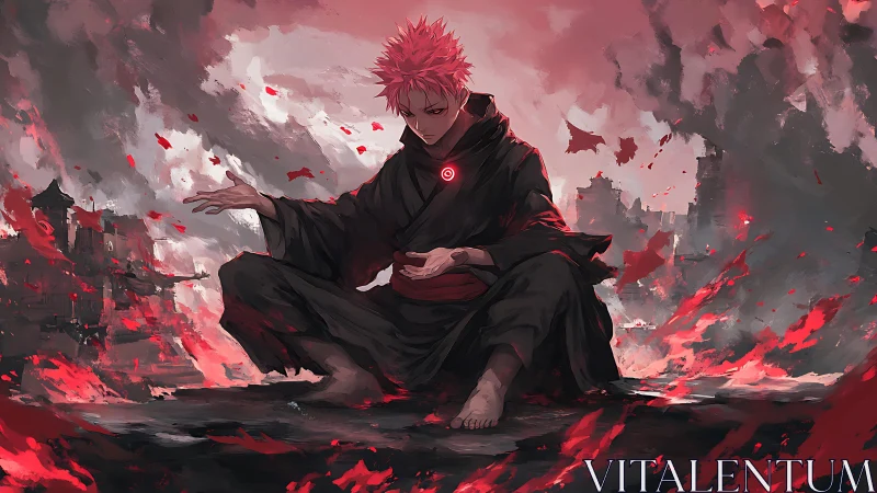 Crimson-haired sorcerer in burning ruinscape meditation.