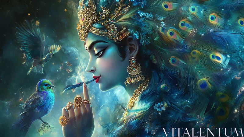 Peacock-feathered dream goddess whispering with starlit birds.