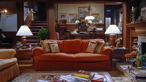 Traditional living room with orange sofa and wood paneling.