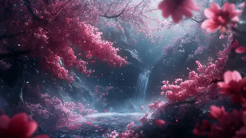 Moonlit cherryfall grove embracing a whispering waterfall.