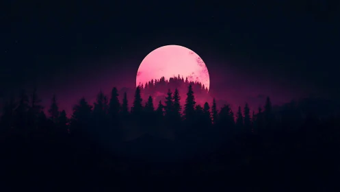 Pink full moon is positioned behind dense conifer forest