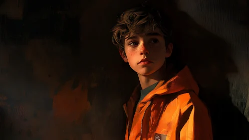 Cinematic digital portrait of freckled boy in orange jacket