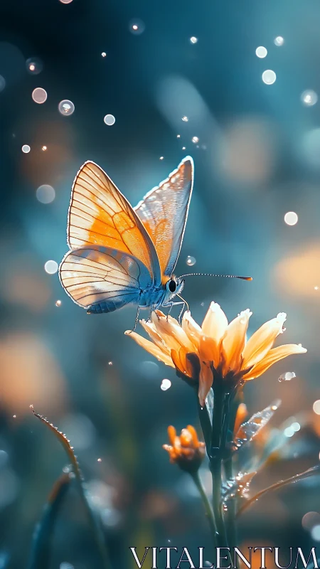 Macro view shows butterfly resting on flower in soft bokeh