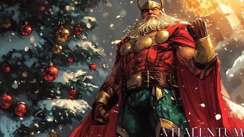 Heroic Santa warrior guards snowlit Christmas tree.