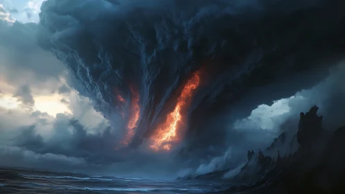 Apocalyptic storm vortex over ocean with molten sky fissure.