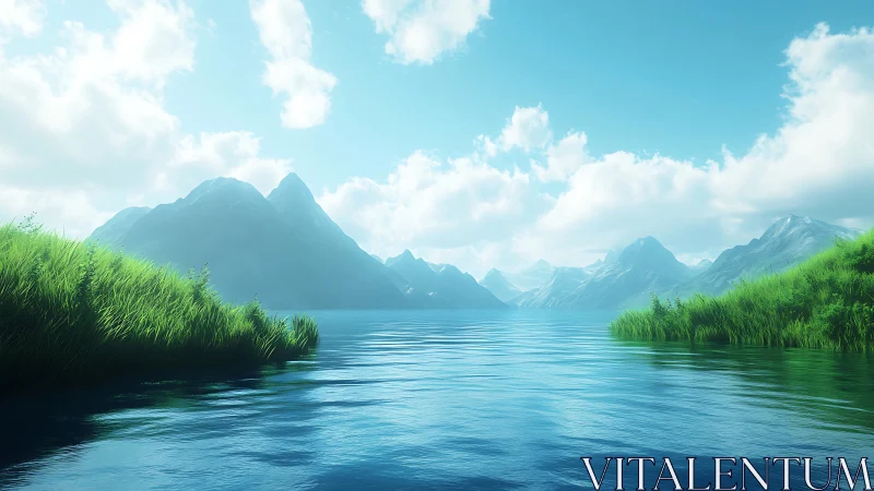 Serene glacial lake framed by lush grass banks under soft clouds