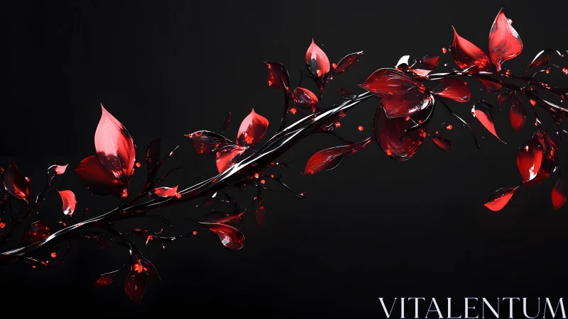 Glossy red and black abstract branch with leaves, digital art style.