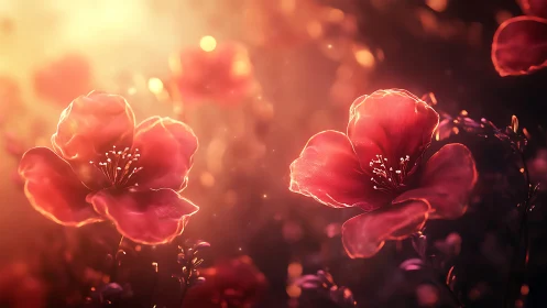 Red Flowers With Backlighting in Golden Hour Setting